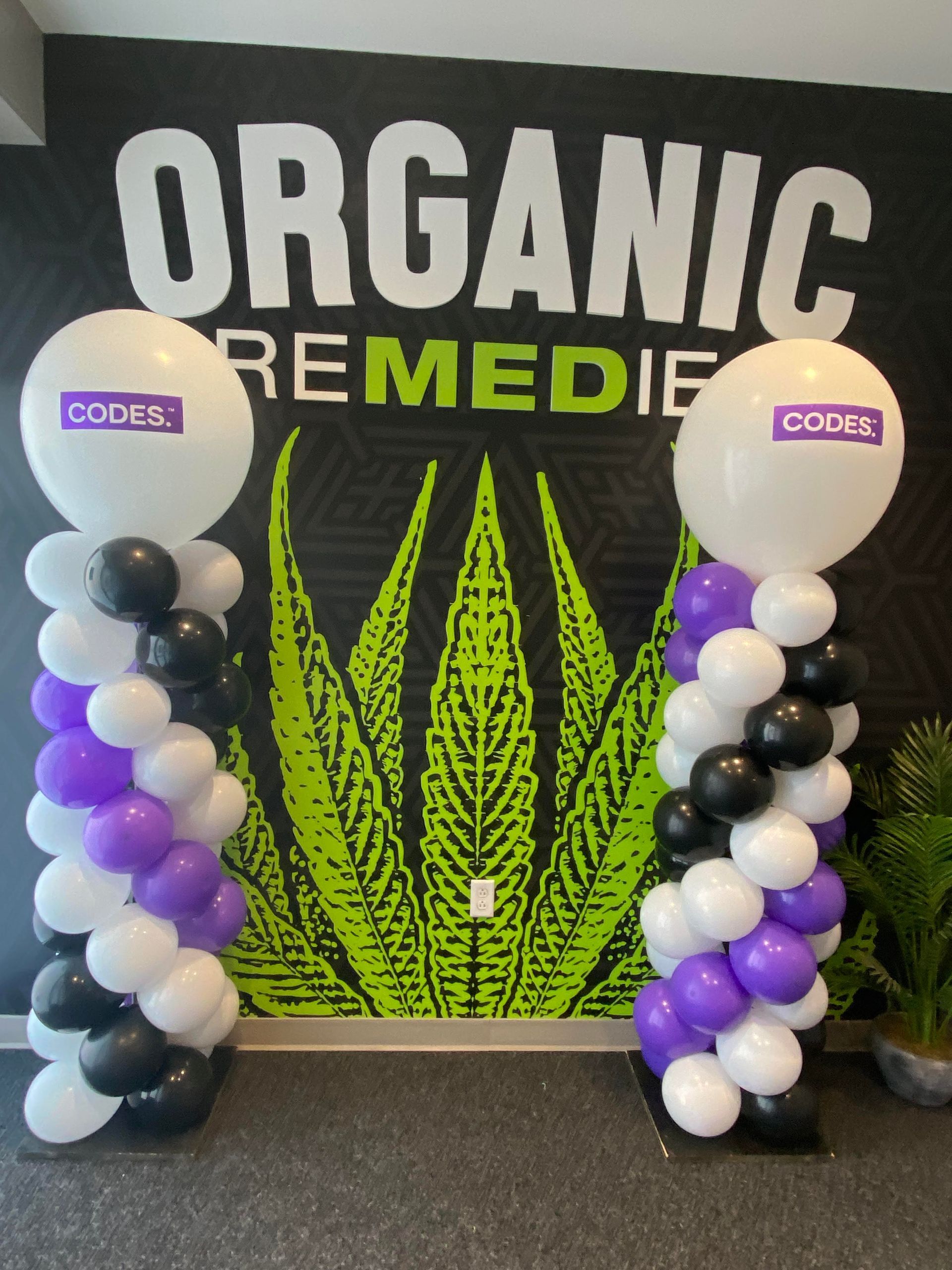 “Organic Remedies” banner with black, green, and white balloon columns on both sides