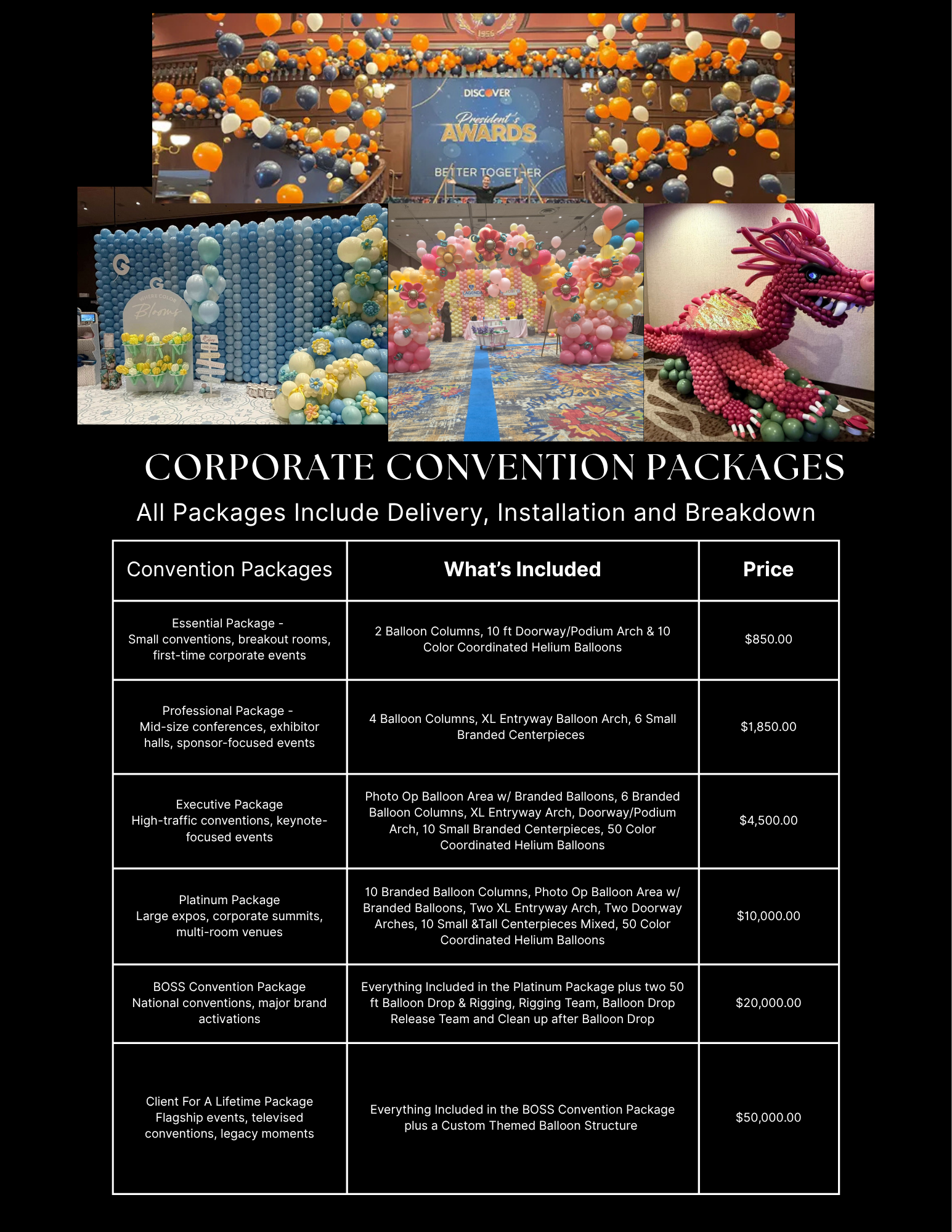 Corporate convention packages flyer with flower display photos and pricing table