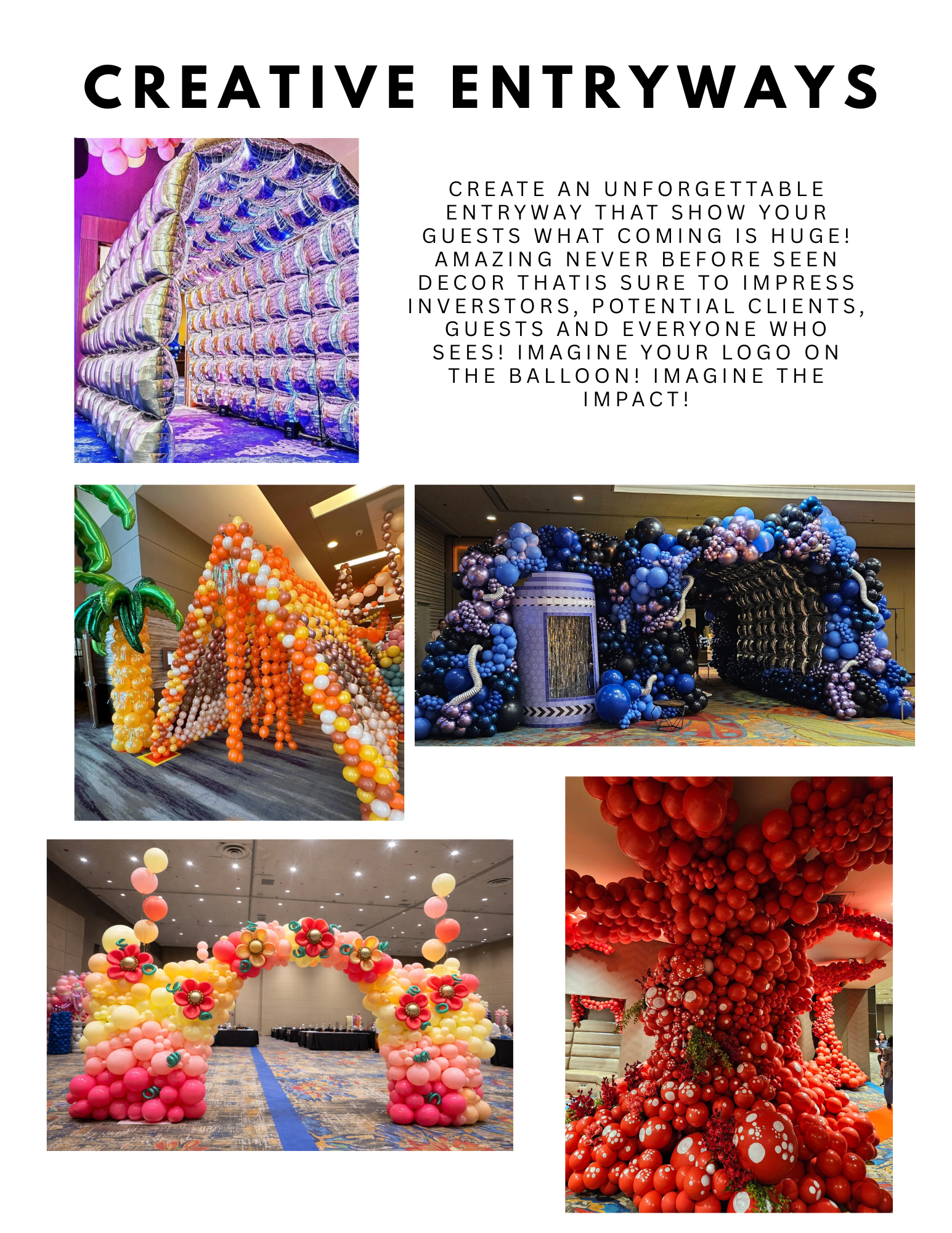 Collage of decorated entryways with balloon arches and colorful sculptural installations, labeled “Creative Entryways”