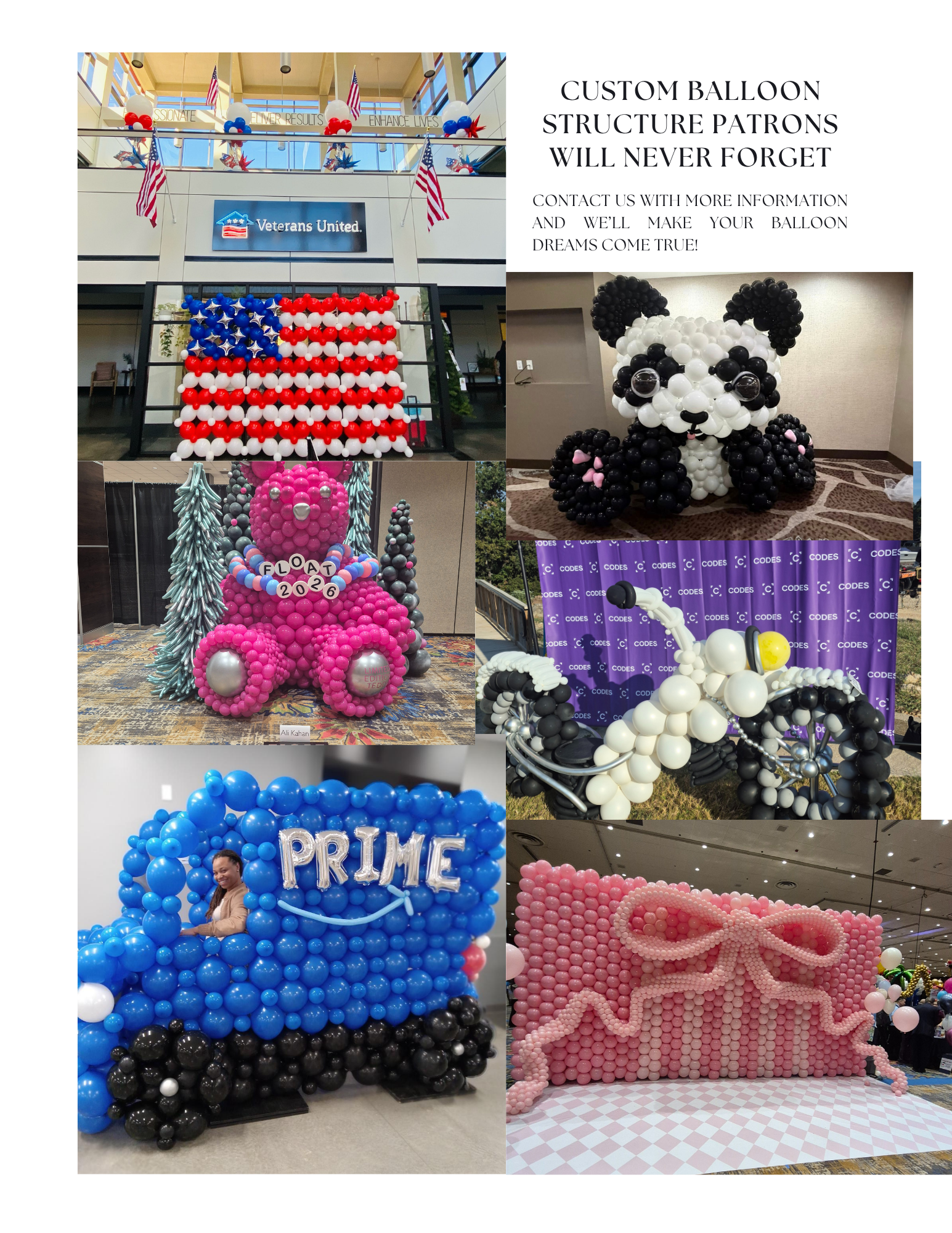 Collage of custom balloon sculptures, including a teddy bear, truck, American flag, and bouquet designs.