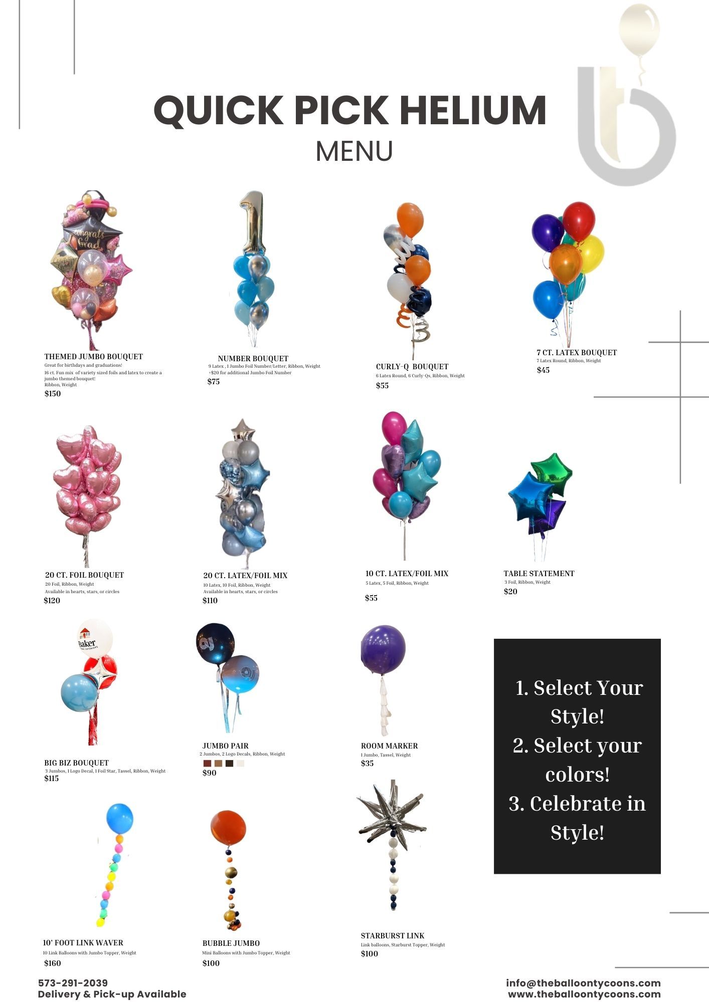 Quick Pick Helium Menu poster with colorful balloon bouquets and a selection list on white background