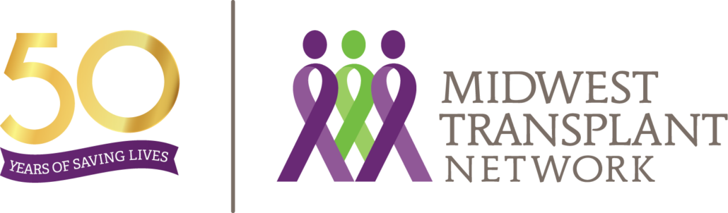 50th anniversary graphic and Midwest Transplant Network logo in gold, purple, and gray.