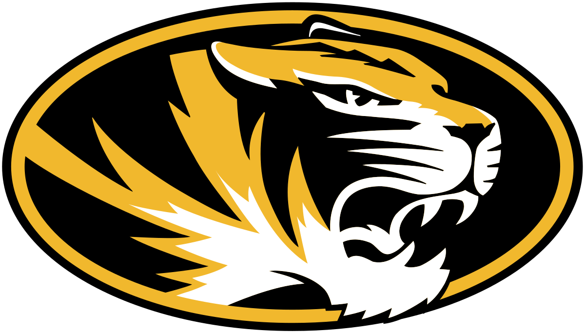 Black and gold Missouri Tigers tiger head logo in an oval emblem