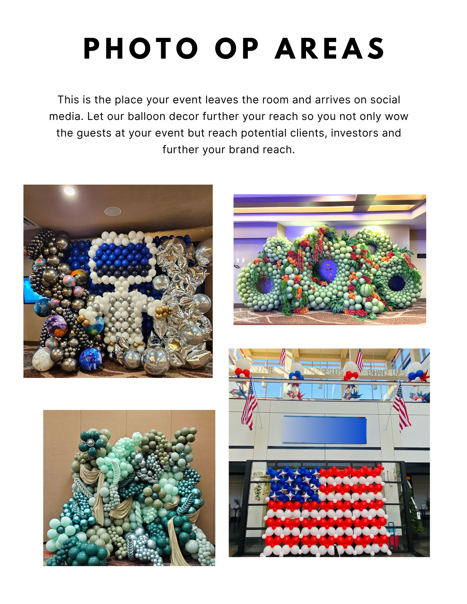 Collage of four balloon photo areas in blue, red, white, and green themed decorations