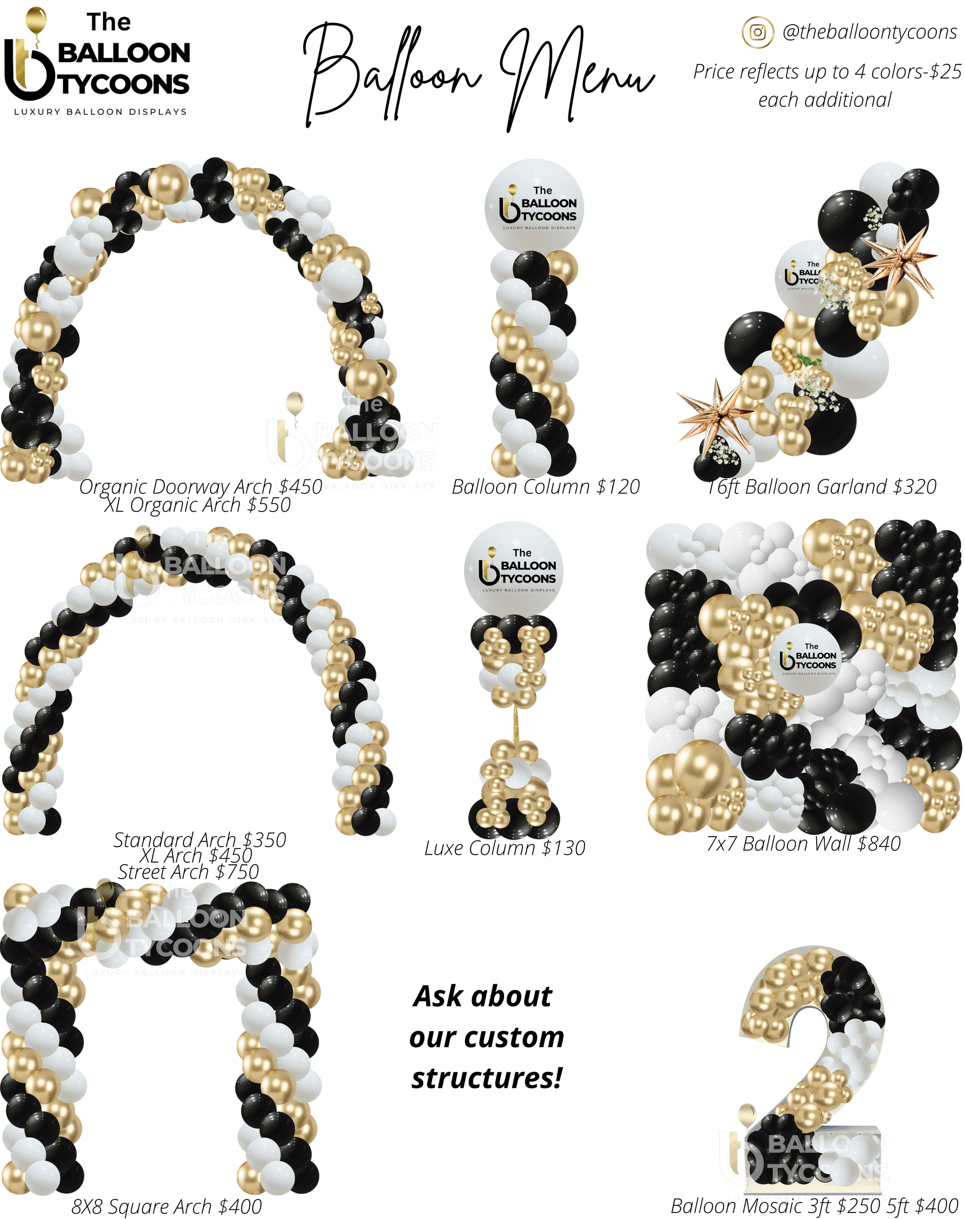 Balloon Tycoons black, white, and gold balloon arch and decor collage for birthday and custom installations