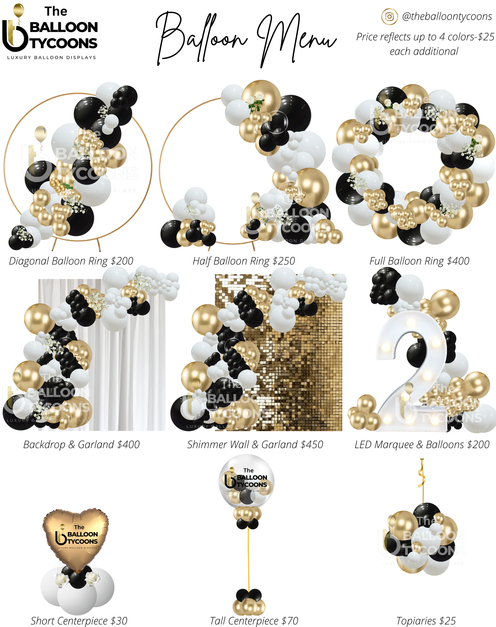 Balloon Tycoon boho balloon decor collage in black, gold, white, and beige with garlands, arch, and centerpieces