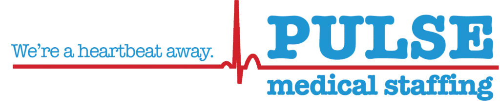 PULSE medical staffing logo with blue text and red heartbeat line, plus tagline “We’re a heartbeat away.”