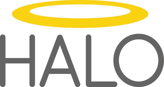 HALO logo with a yellow halo above gray text