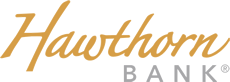 Hawthorn Bank logo in gold script and gray block letters on a white background