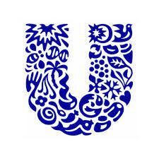 Blue ornamental Unilever logo with a stylized U made of icons and decorative shapes