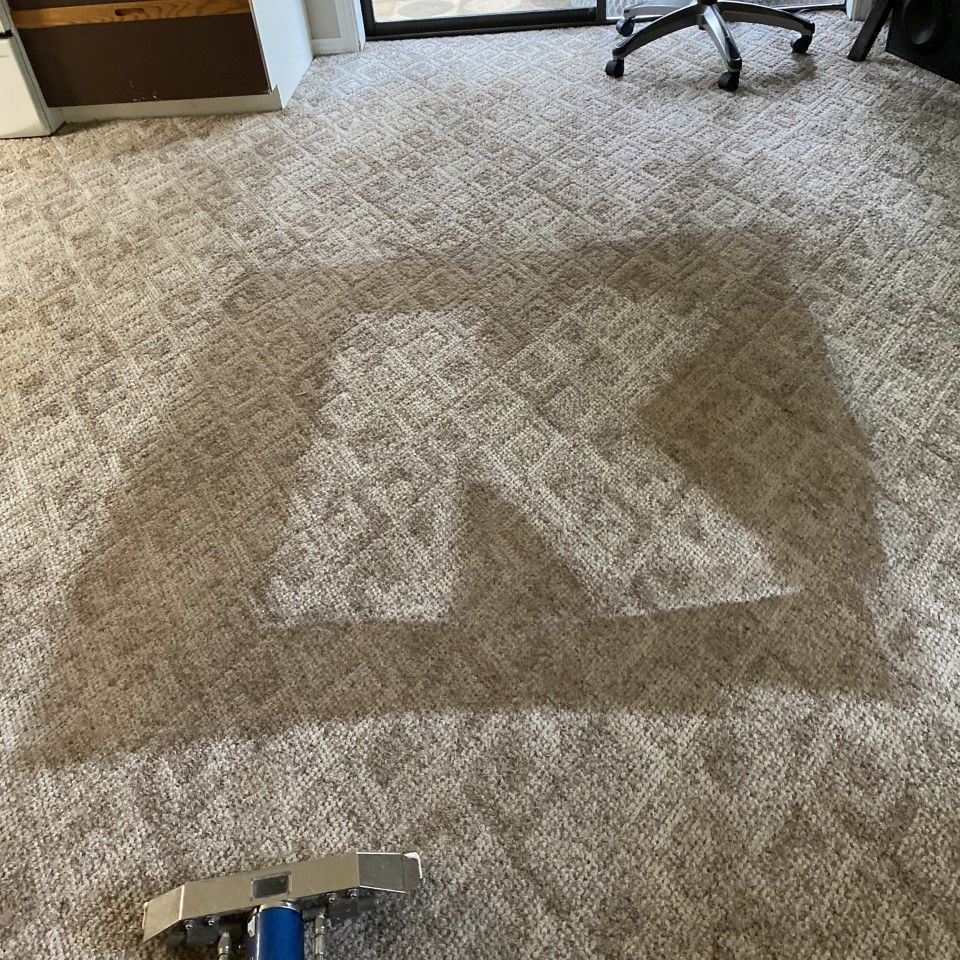 Carpeted office floor with a large dark wet stain and a vacuum cleaner head at the bottom edge