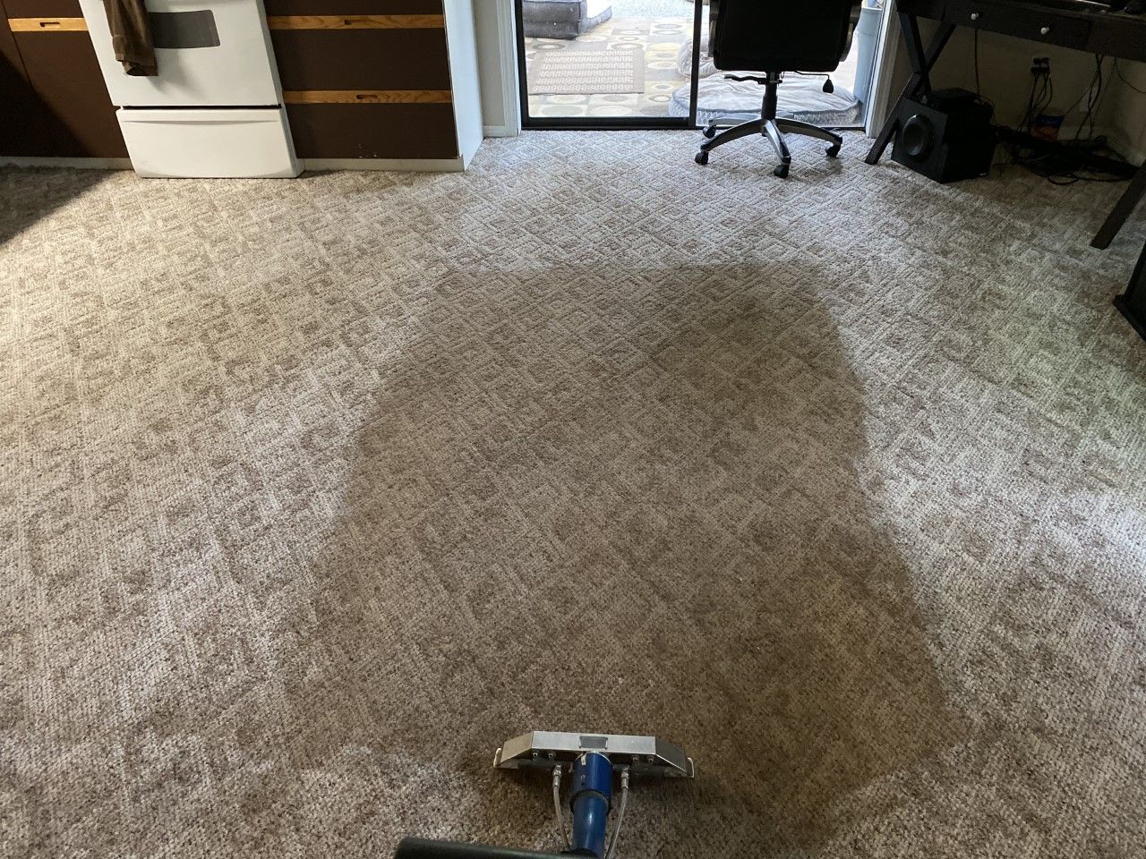 Carpeted room with a large dark stain being cleaned by a carpet extractor