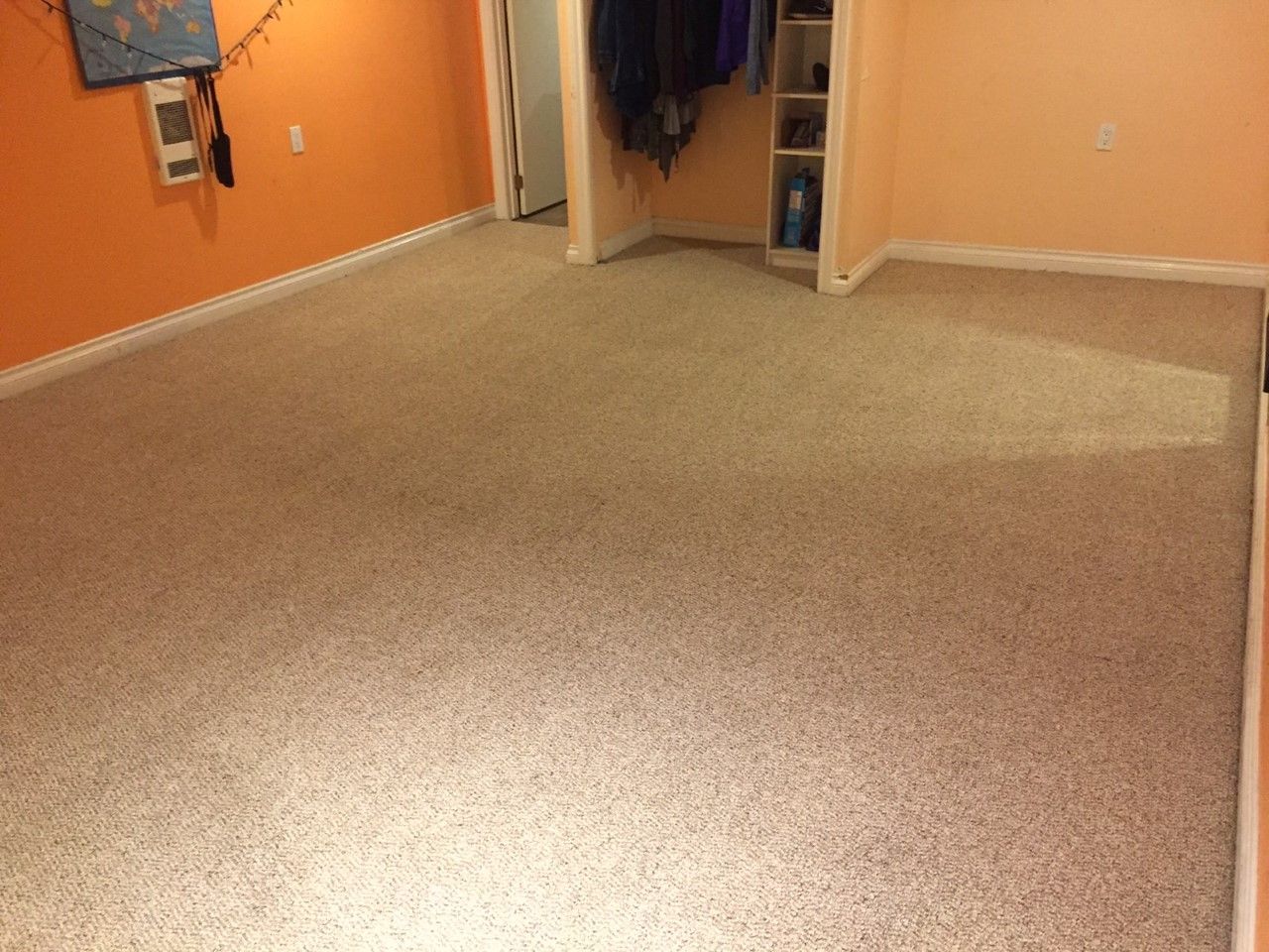 Empty beige carpeted room with orange walls and an open closet door