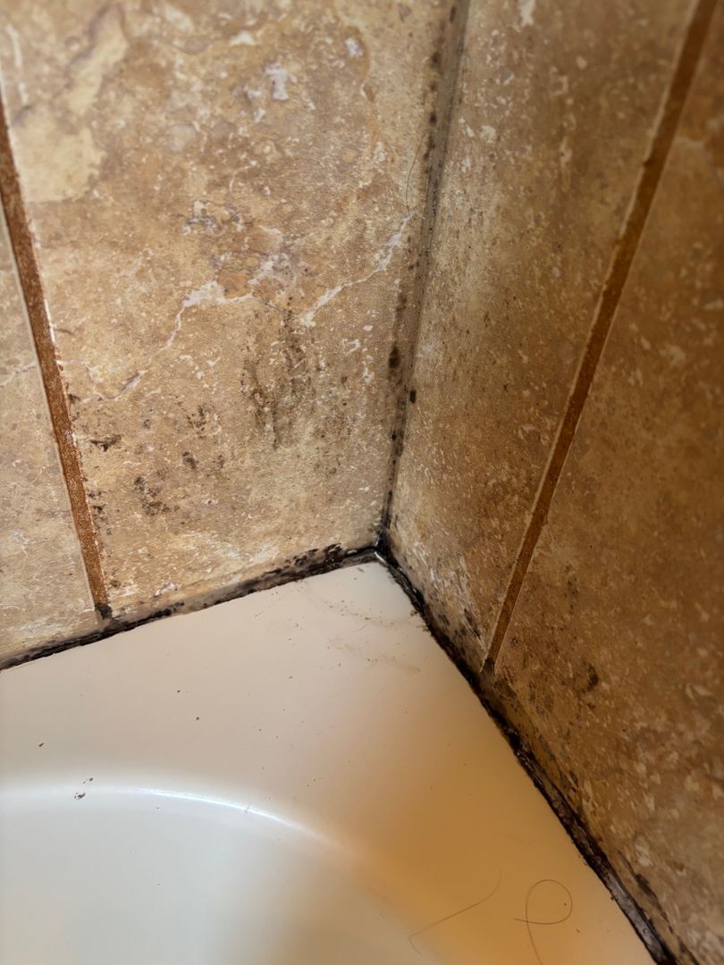 Close-up of a dirty shower corner with beige tile and white tub edge.