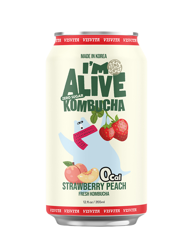 Can of I'M ALIVE kombucha: strawberry peach flavor with a polar bear and fruit.