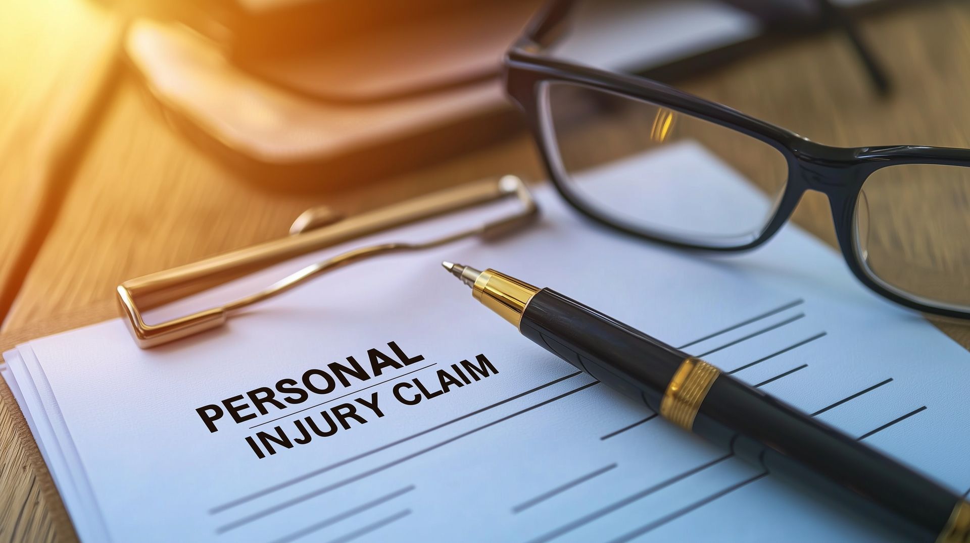 Personal injury claim form with a pen and eyeglasses on a desk