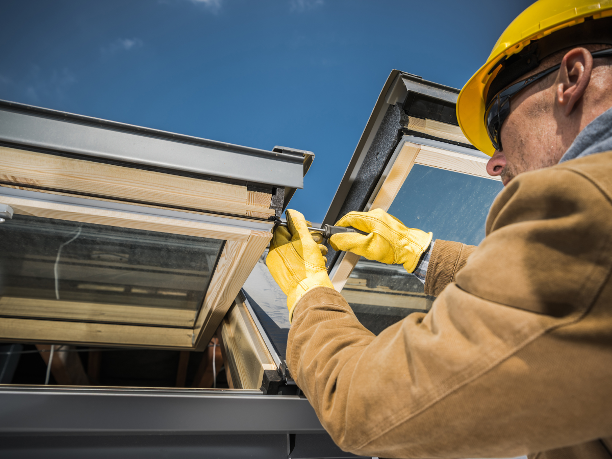 Workers repair the roof of a Victorian-style house under a bright blue sky, with a ladder leaning against the porch.