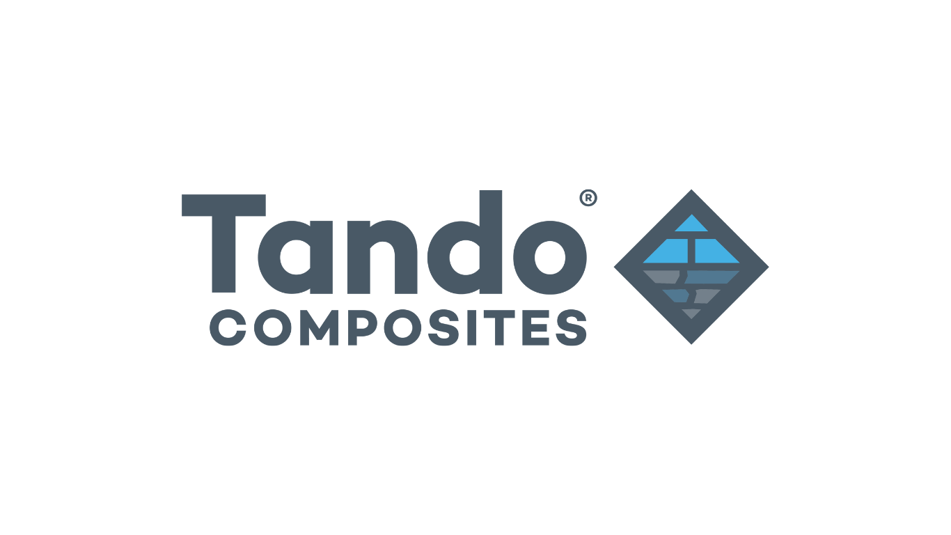 Tando Composites logo with gray text and a blue and gray diamond-shaped graphic.