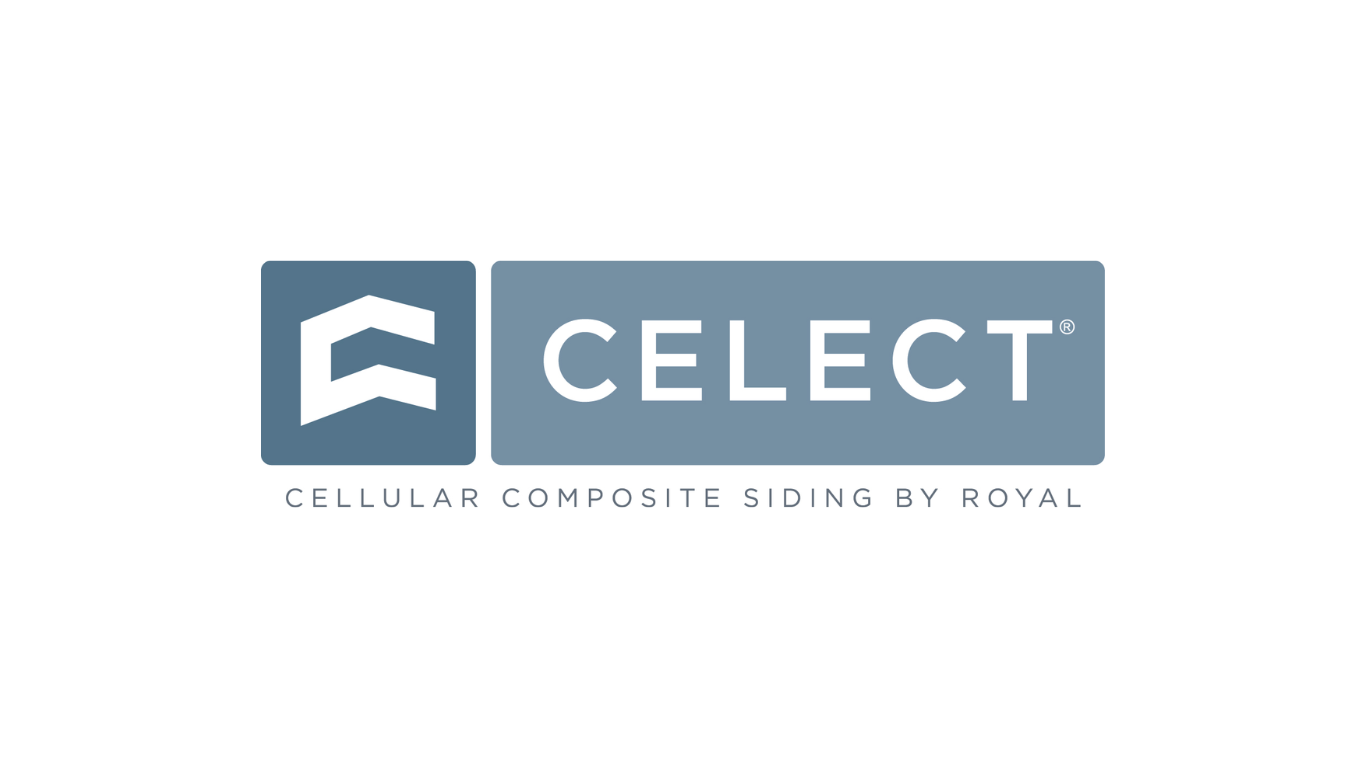 Logo for Celect cellular composite siding by Royal: gray and white square with a stylized