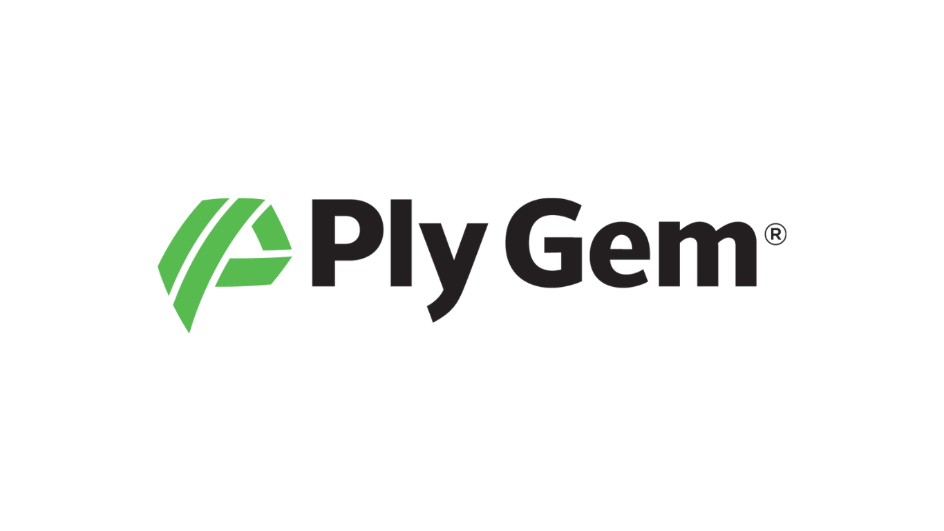 Ply Gem logo: Green abstract shape and the words