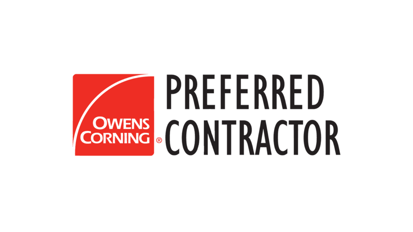 Owens Corning Preferred Contractor logo: red square with white arched line, text
