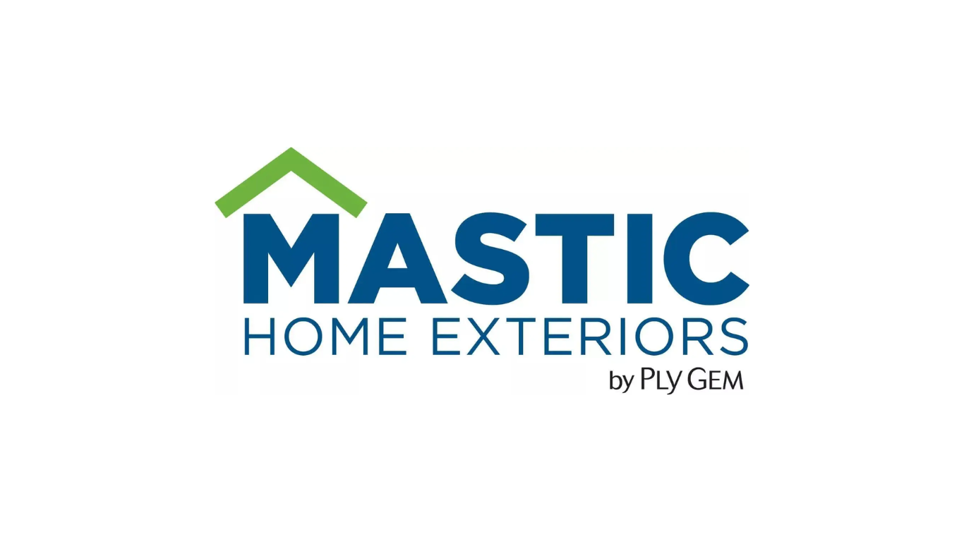 Mastic Home Exteriors logo: blue text with a green house icon and 