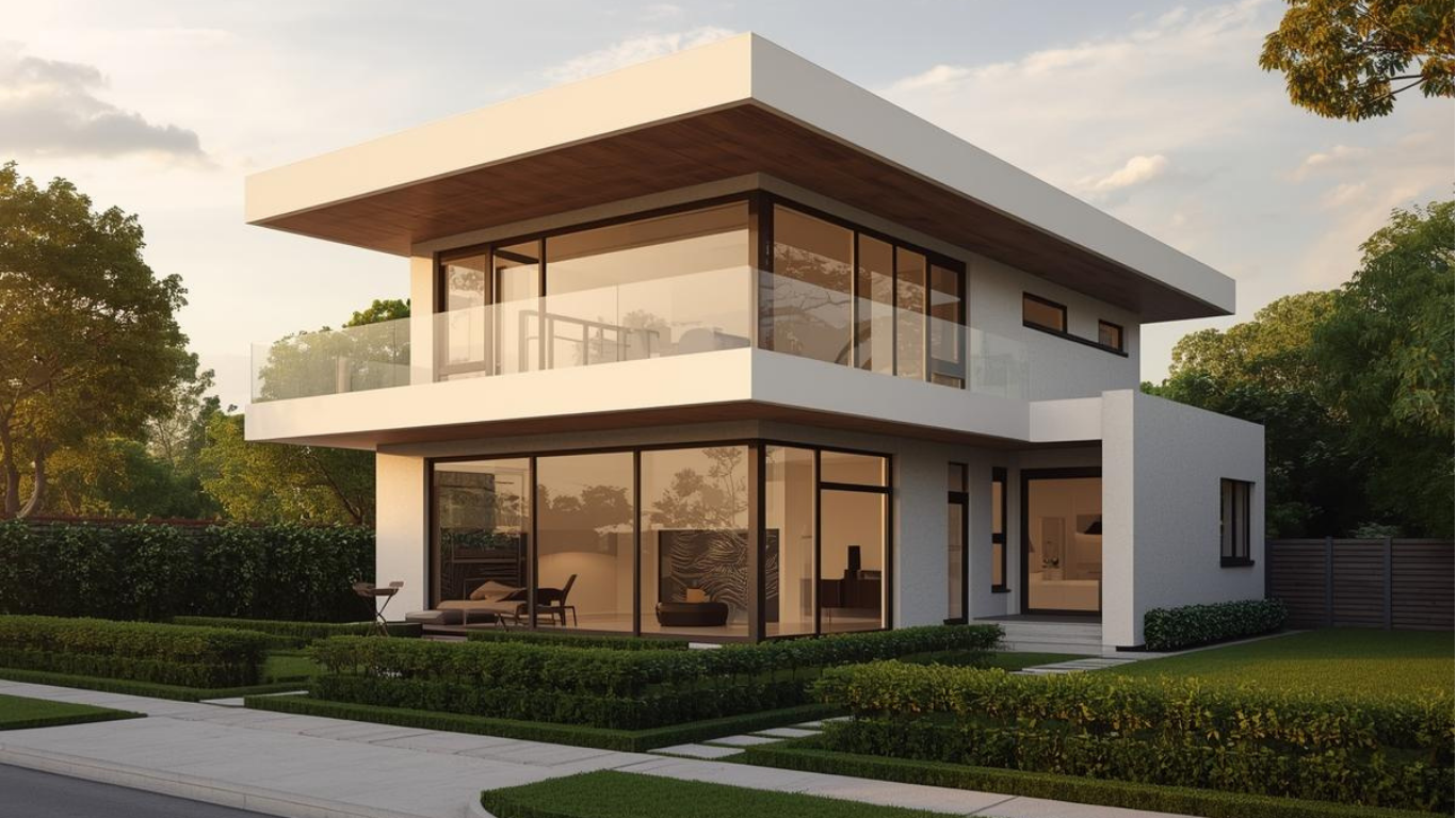 Modern two-story house with large glass windows and white facade, surrounded by manicured landscaping and greenery.
