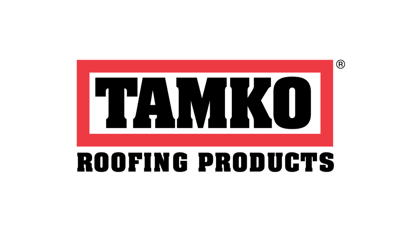 TAMKO Roofing Products logo: Black text in a red rectangle, and