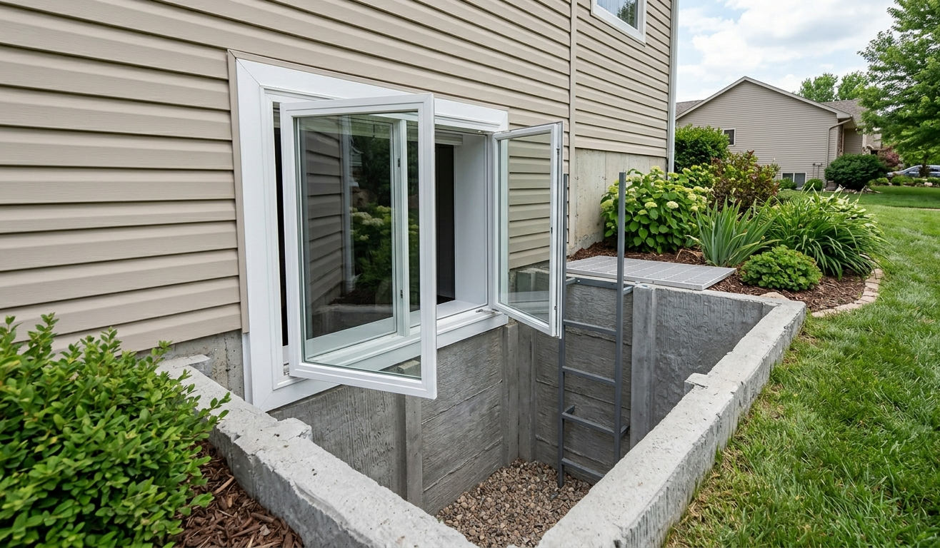 Basement window well with open white window and concrete walls beside beige house.
