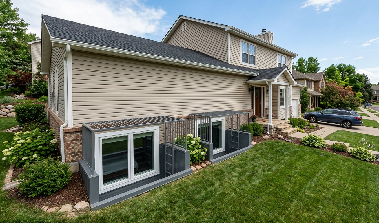 Suburban house exterior with beige siding, stone accents, and a manicured green lawn