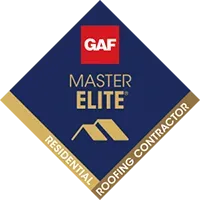 GAF Master Elite Residential Roofing Contractor badge in blue, red, and gold.