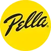 The Pella logo featuring black cursive text on a yellow circular background.