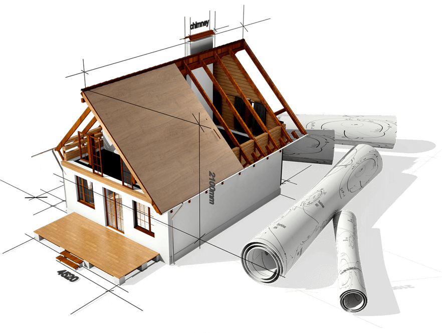House under construction, with exposed roof framing, blueprints, and building materials.
