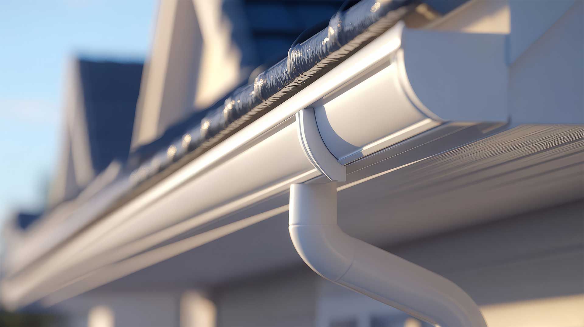 White house gutter, with downspout, against a blue sky.