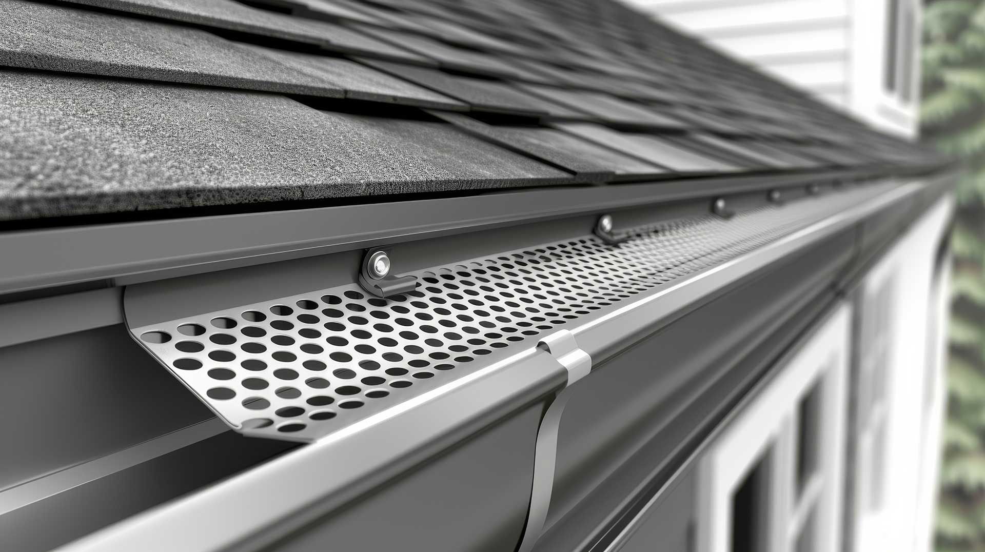Close-up view of a house gutter with a mesh gutter guard installed.
