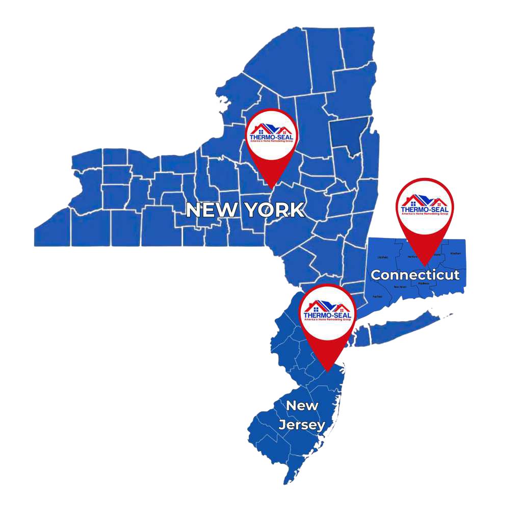 Map of New York, New Jersey, and Connecticut with three business locations marked.