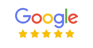 Google logo with five gold stars.