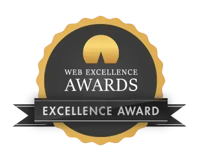 Web Excellence Award gold-trimmed circular emblem on a dark background with a black banner reading 