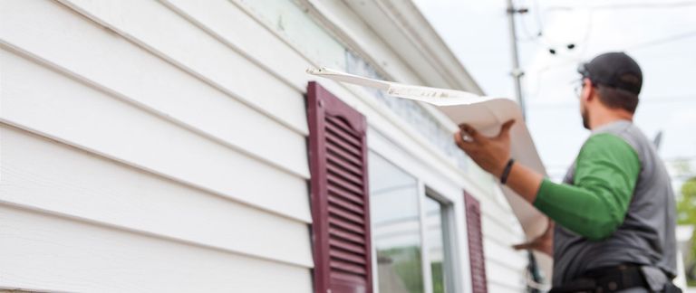 A worker in a green and gray shirt holds a white gutter section while installing it onto a home with white vinyl siding.