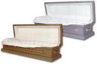 Two open burial caskets, one gold and one grey, both with white interior lining, displayed against a plain white background.