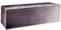 A plain, dark gray metal burial vault or casket container viewed from a high angle.