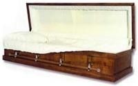 An open wooden casket with a light-colored fabric interior and pillow, shown against a white background.