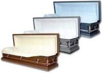 Three open caskets displayed in a row, featuring brown, grey, and blue metal finishes with white pleated interiors.