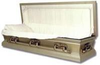 An open gold-toned metal casket with a white tufted interior lining, shown against a white background.