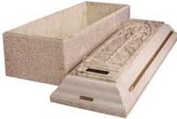 A light-colored, rectangular casket with a textured, carved lid resting beside the open base on a white background.