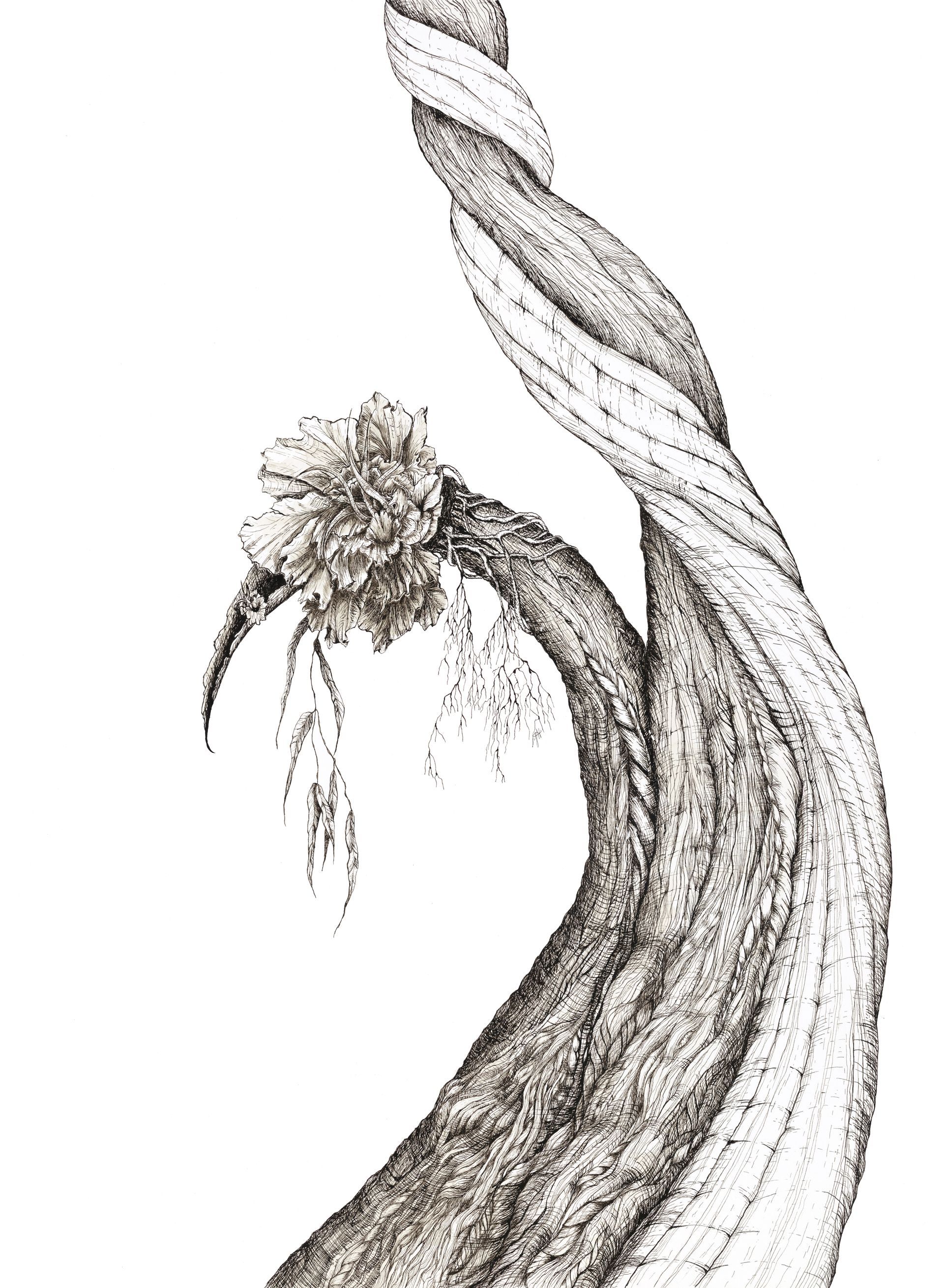 Black and white twisted tree illustration with a flower