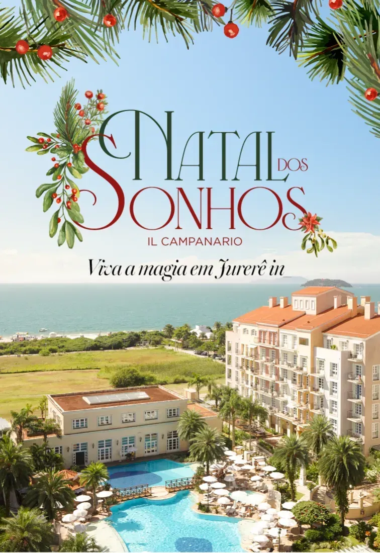 Anúncio de resort de férias: telhados do Papai Noel, piscina, palmeiras e edifícios sob uma festiva borda de pinheiros.