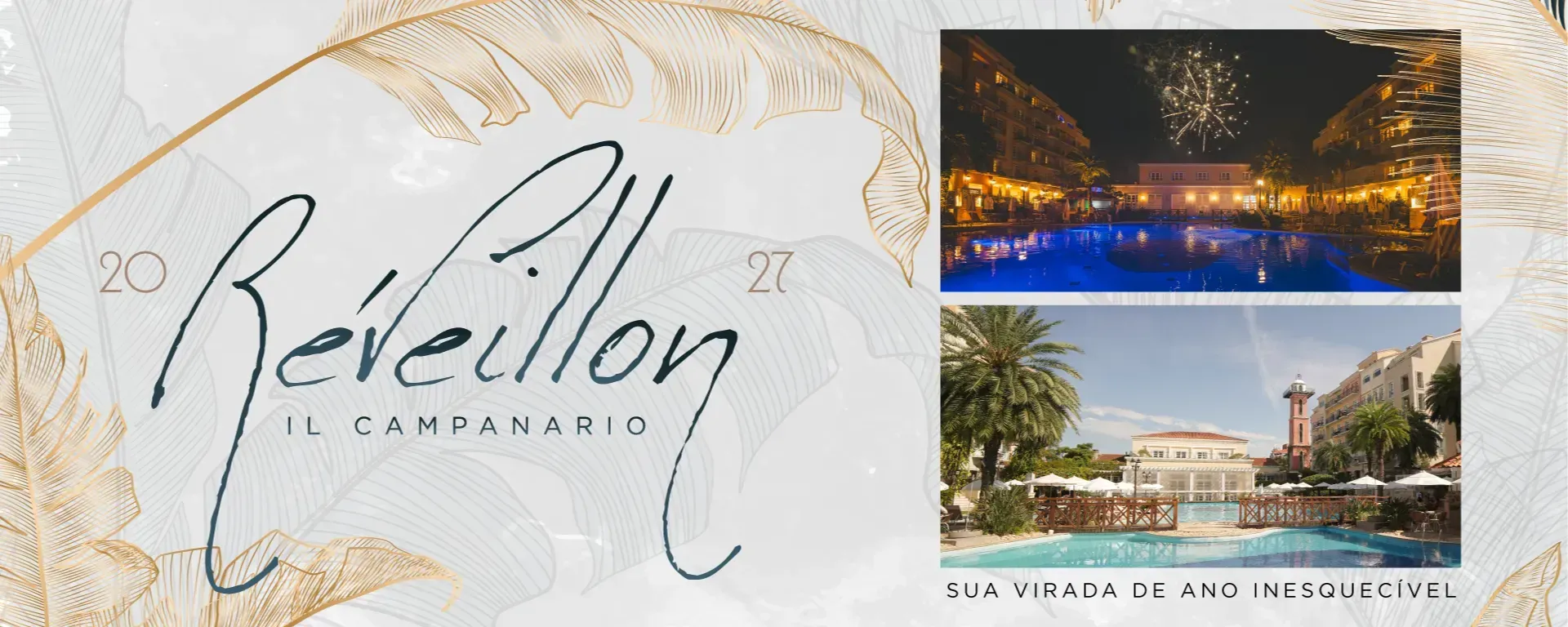 Banner de luxo para evento Réveillon com fogos de artifício, fotos de resort à beira-mar e detalhes em folha de ouro.