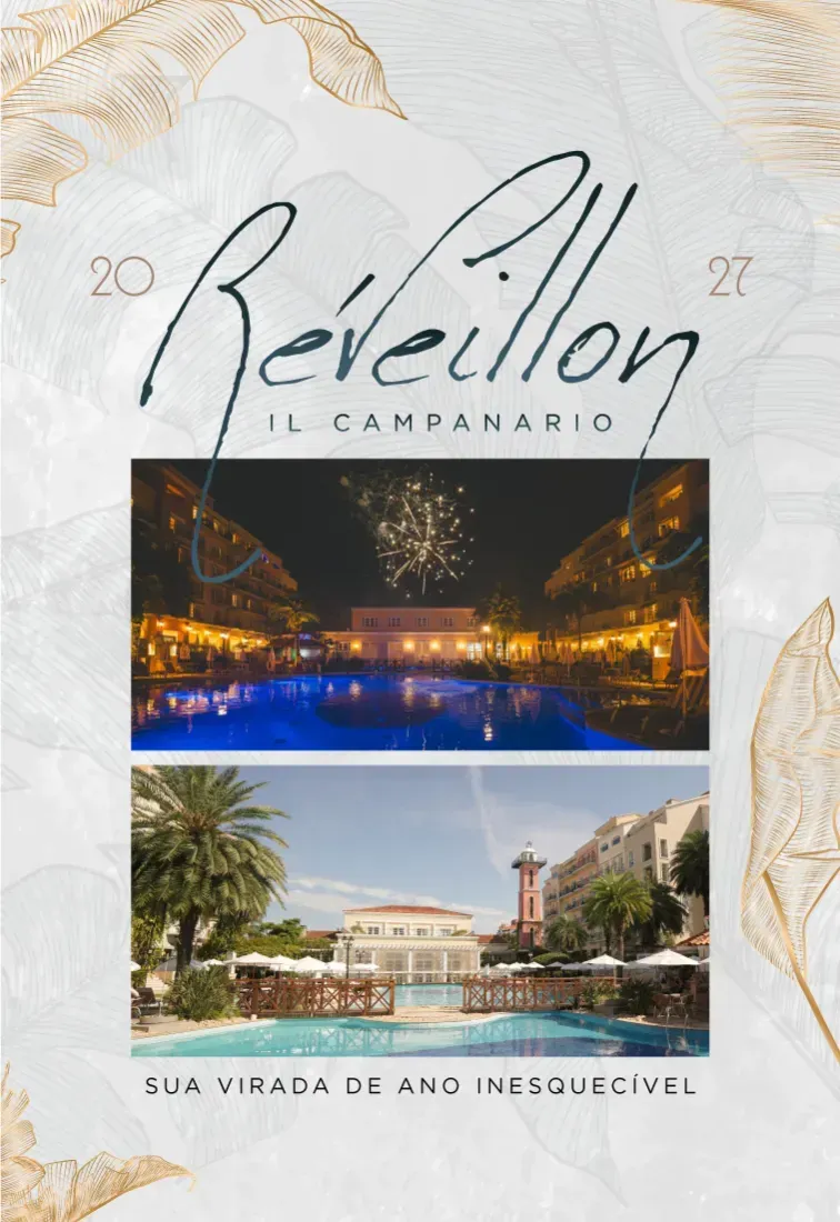 Pôster do evento Reveillon La Chanca 2027 com cenas diurnas e noturnas do resort e borda dourada de folhas de palmeira.