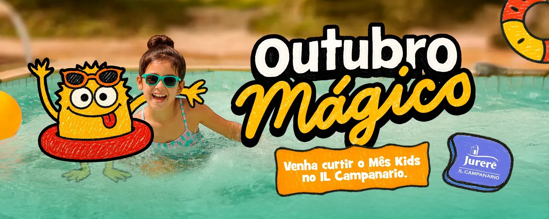 Banner colorido de outubro mágico com personagem no boia, jovem sorrindo e chamada para evento aquático